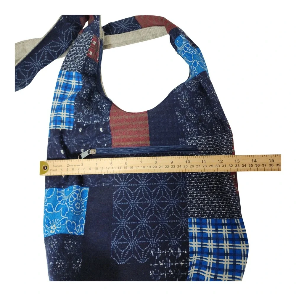 Indigo Patchwork Hobo Bag Blue Cotton Canvas Crossbody Boho Sashiko Style